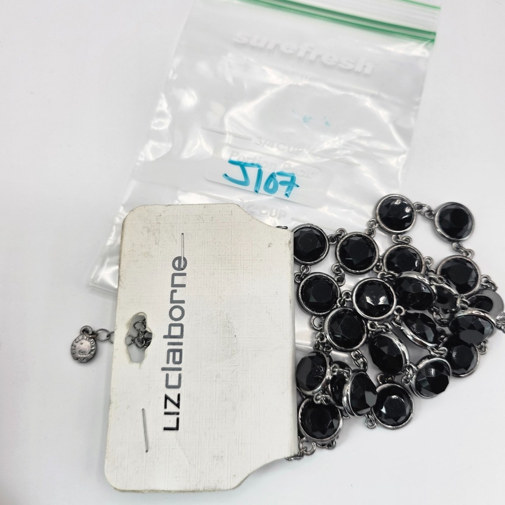 Liz Claiborne Womens Bib Silver Tone Black Rhinestone Chain Pendant Necklace 22" - Picture 10 of 10